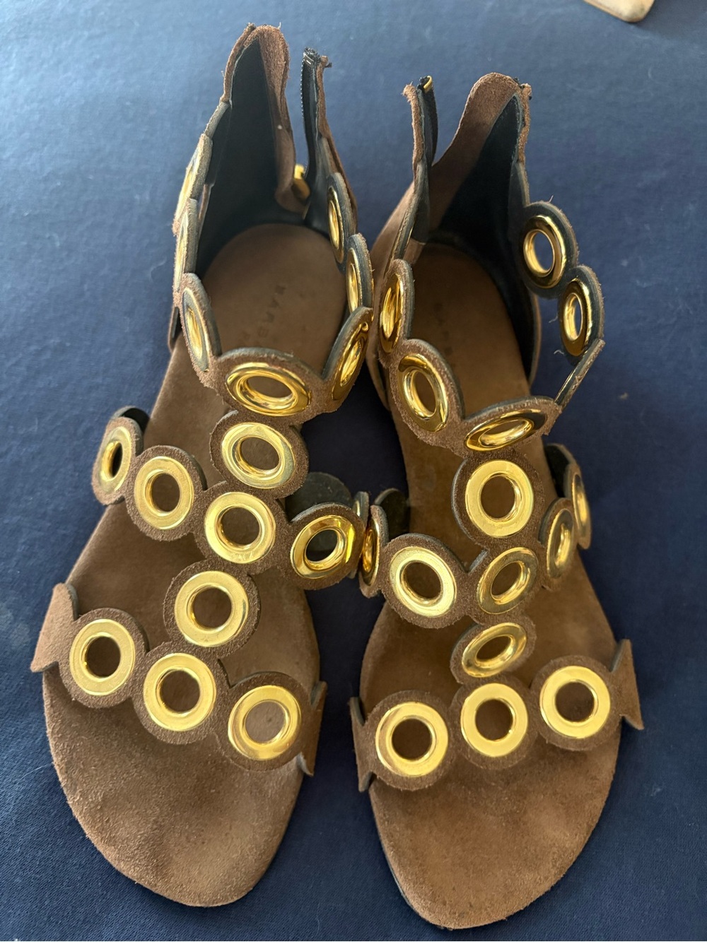 Barbara Bui 37 Women’s Brown Suede Sandals with Gold Ring Accents